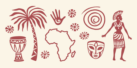 African themed Cultural Elements Red brown Silhouette Illustration © Kabita