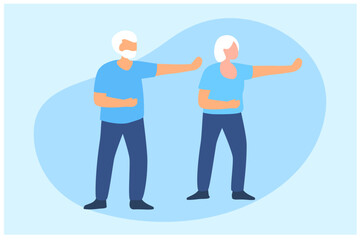Fototapeta premium Elderly couple jogging exercise in park vector illustration. Elderly people healthy lifestyle, healthy aging for senior care concept 