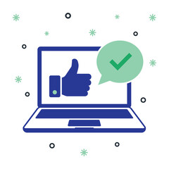 Obraz premium Laptop showing a thumbs up icon and a green check mark symbol for online success