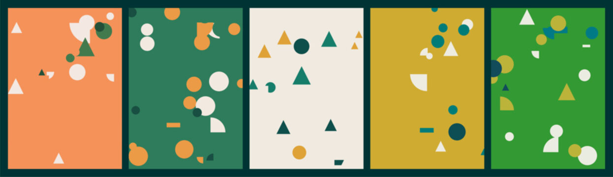 Set of five abstract geometric vertical cards featuring colorful flat shapes like circles and triangles with wide empty