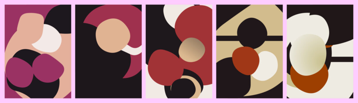 Set of five modern minimalist abstract art posters featuring organic shapes and geometric blocks in earth tones