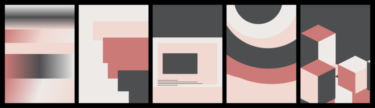 A set of five minimalist abstract posters featuring geometric shapes, isometric cubes, and gradients in dusty pink and