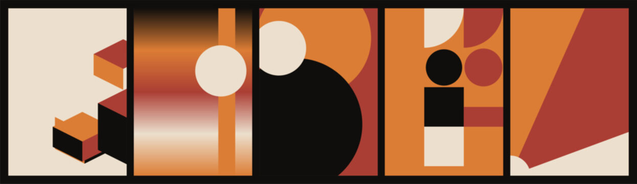 A set of five abstract art posters featuring geometric shapes, terracotta orange and cream tones with black accents