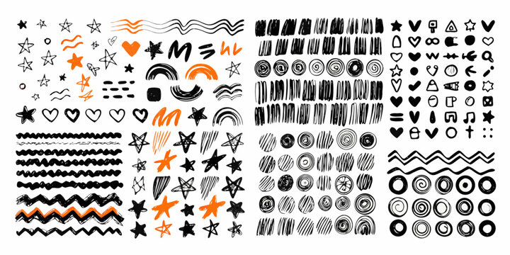 Hand Drawn Brush Stroke Elements With Stars Hearts And Waves Vector Illustration
