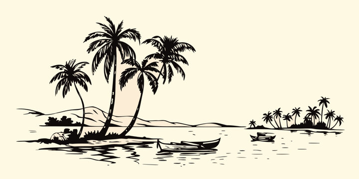 Tropical beach scene silhouette with palm trees and small boats