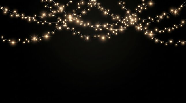 Festive glowing string lights hanging against a dark black background creating a beautiful holiday atmosphere for celebration