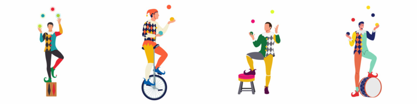 Set of flat vector illustrations featuring jesters in colorful harlequin costumes performing circus acts like juggling, riding a unicycle, and balancing on props.