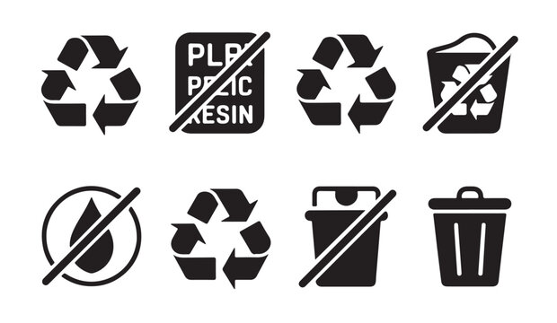 Prohibited waste disposal symbols including no plastic and non recyclable icons in black minimalist style.