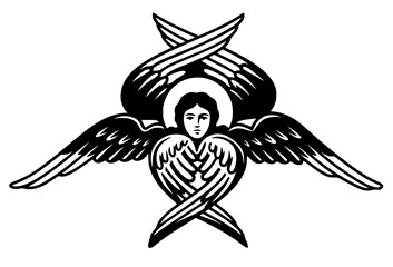 Obraz premium Stylized black illustration of a seraph with six wings surrounding a human‑like face. Bold vector artwork symbolizing divine presence, purity, and celestial iconography