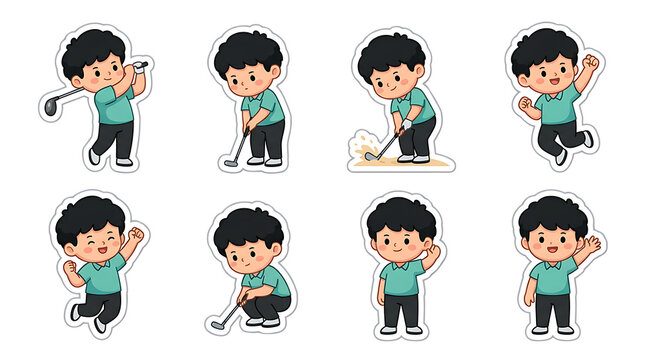 Animated boy character in various playful poses illustrating different activities and emotions on a black background