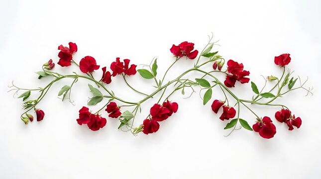 Red Sweet Pea Flowers Arrangement on White Background Minimalist Floral Banner Design for Wedding Greeting Cards Decor