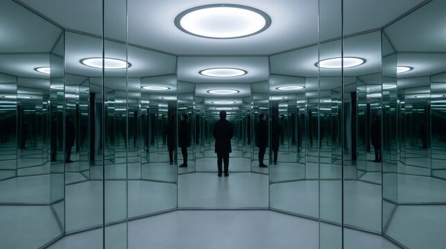 Businessman standing in mirrored corridor with reflections, modern minimalist space