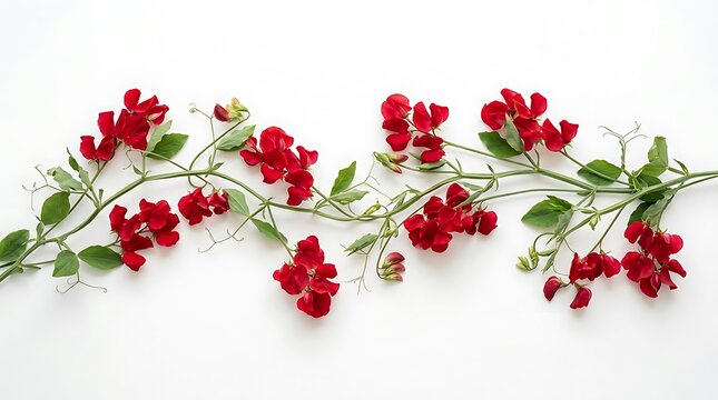 Vibrant red sweet pea blossoms on white background for romantic floral border banner wedding invitation and card frame.