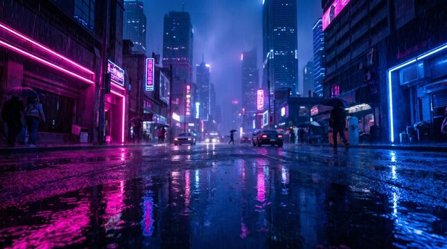 Neon lit urban street after rain at night with glowing signs, wet pavement reflecting pink blue lights