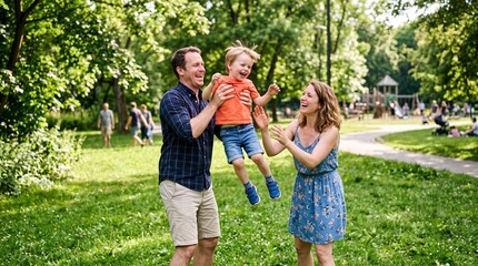 Fototapeta premium A happy family is playing with their child in the park.