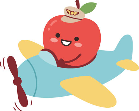 A cheerful apple mascot wearing a pilot cap while flying a propeller airplane, representing aviation, travel, adventure, imagination, and joyful exploration in a playful and engaging design