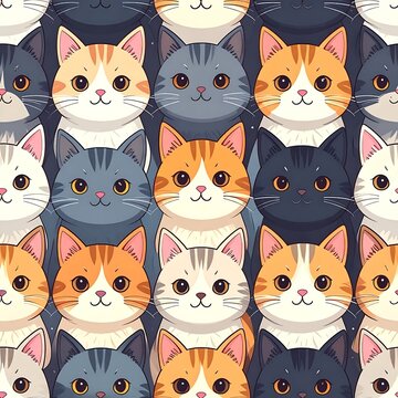 A seamless pattern of multiple colorful cat faces
