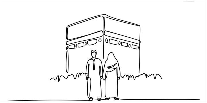 Continuous line drawing of a muslim couple standing in front of the kaaba in mecca for hajj or umrah pilgrimage in a minimalist vector illustration style