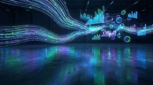 Abstract digital data streams and glowing charts in darkness.