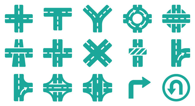 Collection of teal road intersection and traffic navigation icons including crossroads, roundabouts, T-junctions, flyovers, U-turns, and highway interchanges on white background.