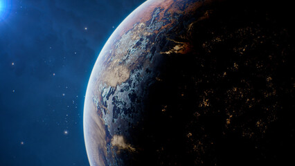Planet Earth Rotating in Dark Outer Space with Stars Background.   © SohubProduction