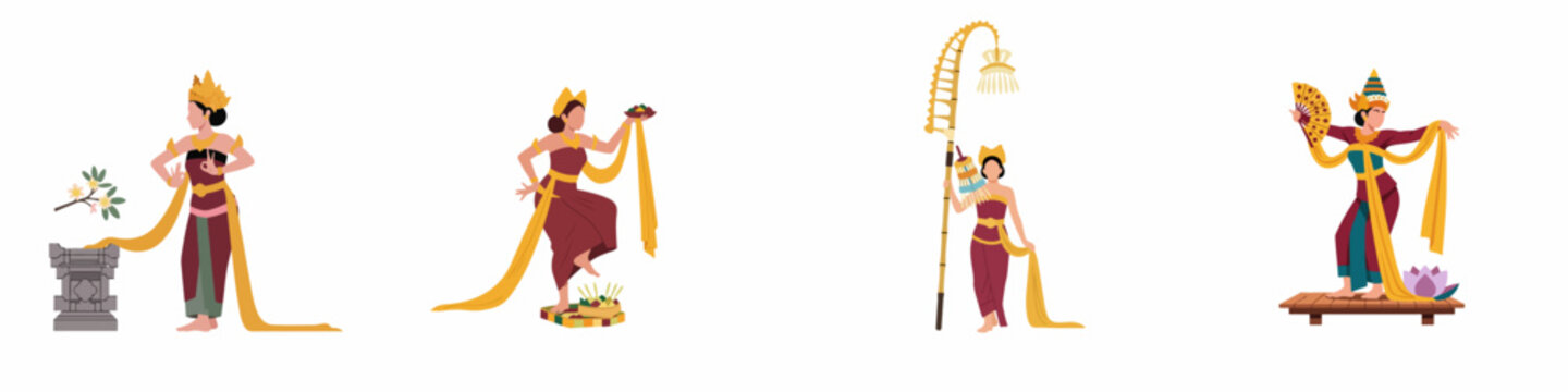 Flat illustration set of Balinese women in traditional costumes performing cultural dances and rituals with offerings and penjor on white background