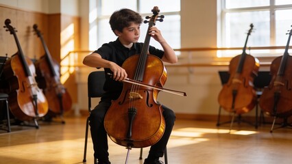 Young boy intently practicing playing the cello with a bow during a music lesson in a classroom with string instruments. © Curioso.Photography