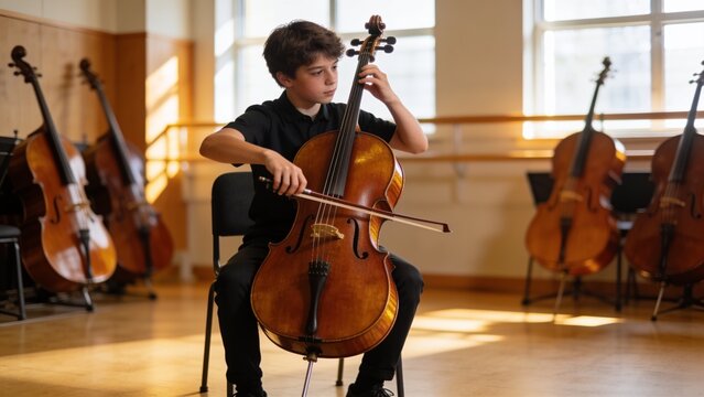 Young boy intently practicing playing the cello with a bow during a music lesson in a classroom with string instruments.