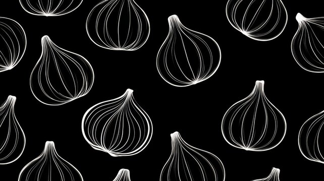 Seamless pattern of minimalist white garlic illustrations on black background for culinary design projects.