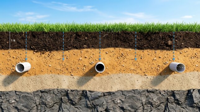Educational diagram showing different soil layers and drainage pipes against a blue sky background.