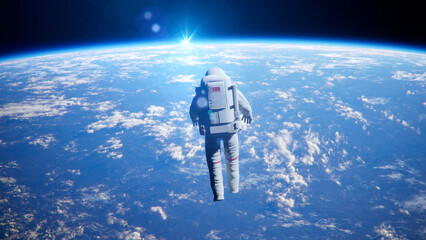 Zoom Out Back View of Astronaut Floating Alone in Outer Space Viewing Sunrise Over Earth Atmosphere, Visionary Concept. © SohubProduction