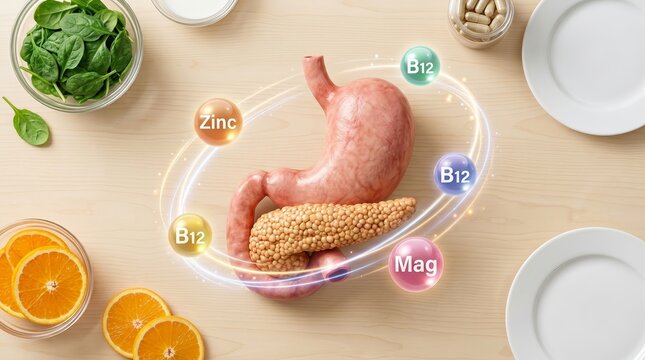 Healthy nutrition concept featuring human stomach and pancreas organs with magnesium, zinc, and B12 supplements.