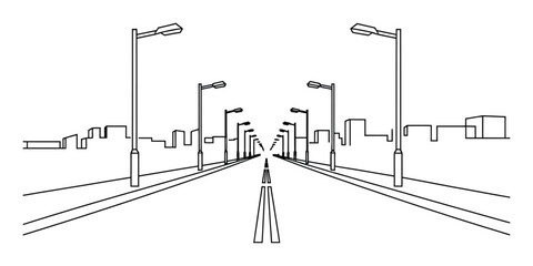 One point perspective drawing of a city street and lights © JoyChandra