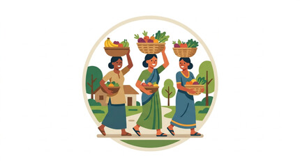 Fototapeta premium Traditional Women Carrying Fresh Vegetables in Baskets.