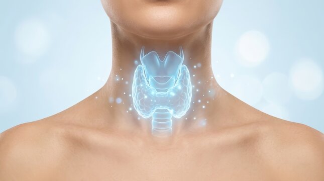 Endocrine system function and fatigue recovery concept featuring a glowing thyroid gland illustration on a woman.