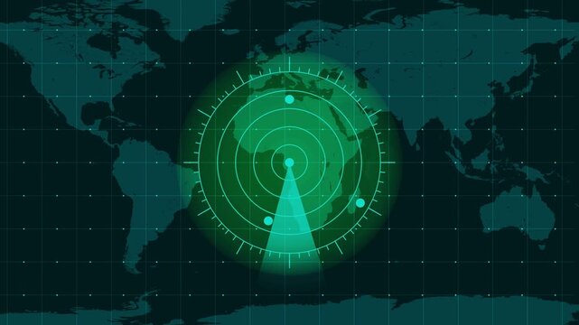 Radar screen animated, world map radar HUD animation on background