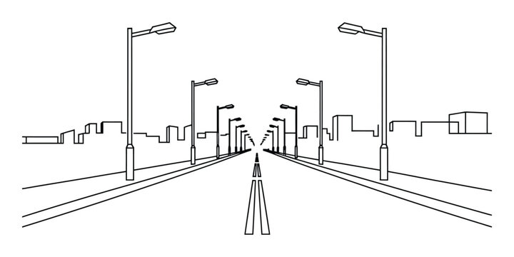 One point perspective drawing of a city street and lights