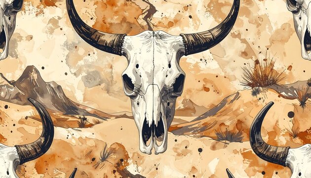 A seamless pattern featuring bull skulls and desert plants on a beige background with earthy tones and abstract watercolor splatters