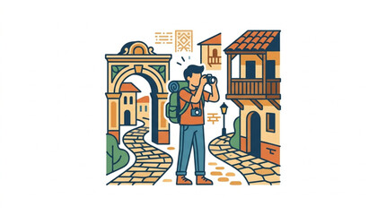 Traveler with camera exploring historic old town street.