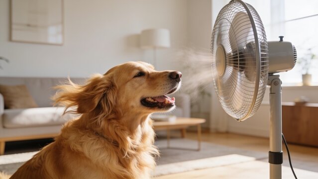 Golden retriever relaxing in front of an electric fan indoors, enjoying cool airflow during a hot summer day at home.