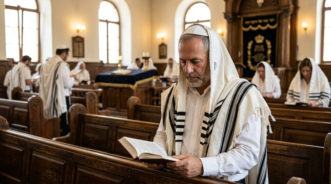 Senior Jewish man praying in synagogue wearing tallit. Elderly religious leader reading Torah scroll during morning service.