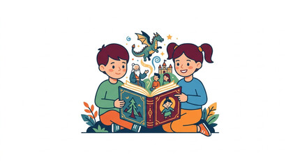 Two children reading a magical storybook together.