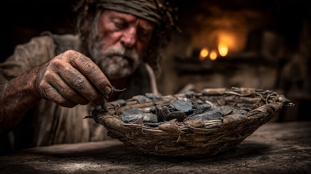 Old man working with charcoal in a dark workshop holding pieces of coal in a woven rustic basket