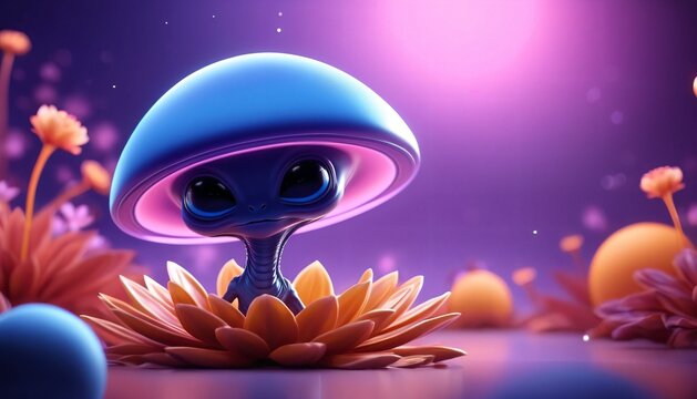 Cute alien creature emerging from luminous blossom