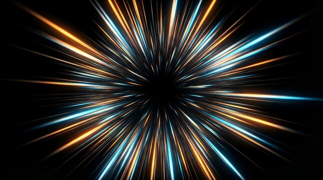 Abstract background, featuring glowing blue, and orange light, streaks radiating from, a dark center, point in a, dynamic speed motion effect