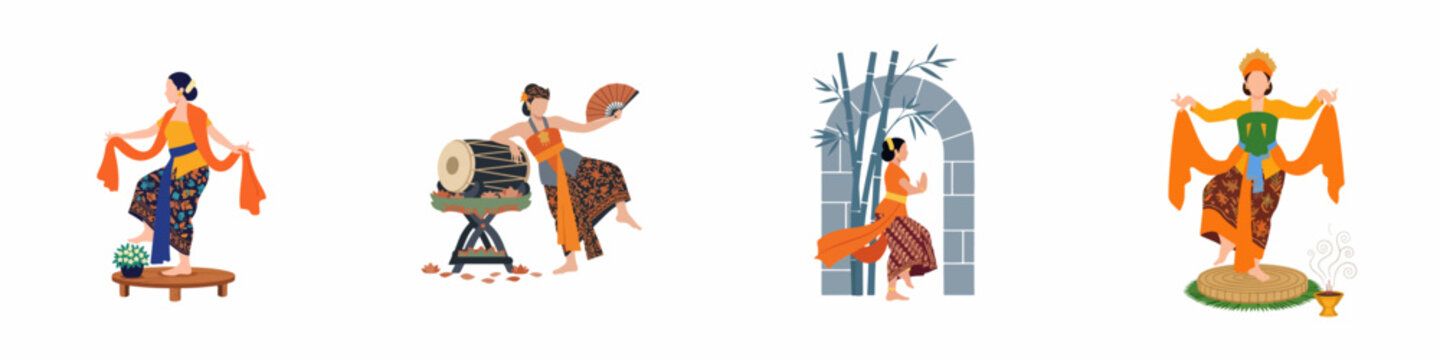 A collection of four illustrations depicting traditional Indonesian female dancers in various poses and settings, showcasing cultural heritage and classical dance forms.