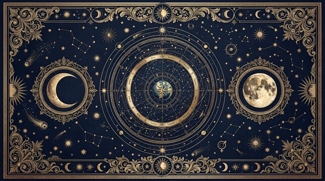 An intricate vintage celestial map featuring a central earth, moon phases, zodiac signs, constellations, and ornate floral golden borders on blue