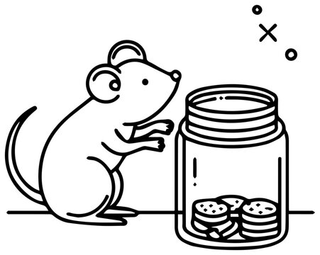 Mouse clicking on cookie jar with consent concept with cartoon mouse line drawing black white opt out illustration permission acceptance with minimalist