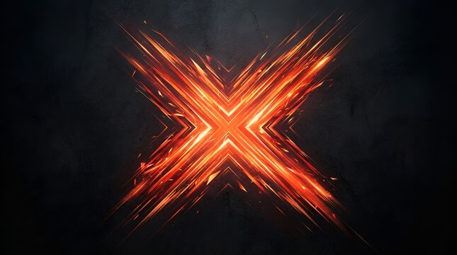 Intense glowing orange x shape made of sharp light streaks and fiery sparks emerging from a dark, smoky, and textured background environment