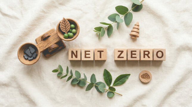 Top down view of wooden blocks spelling net zero next to a wooden scale weighing carbon footprints against trees representing carbon offsetting, environmental balance, and corporate sustainability.